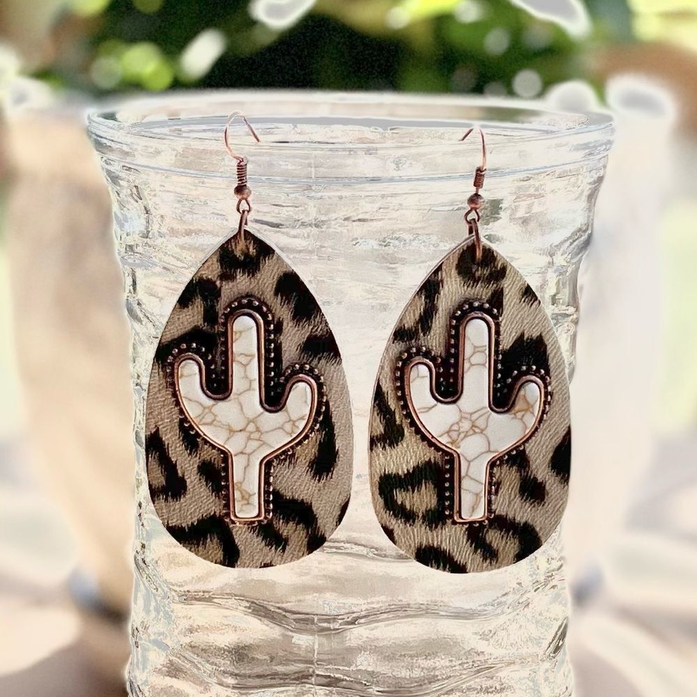 Leopard Print Teardrop Leather Teardrop Eaarings with White Turquoise Cactus
